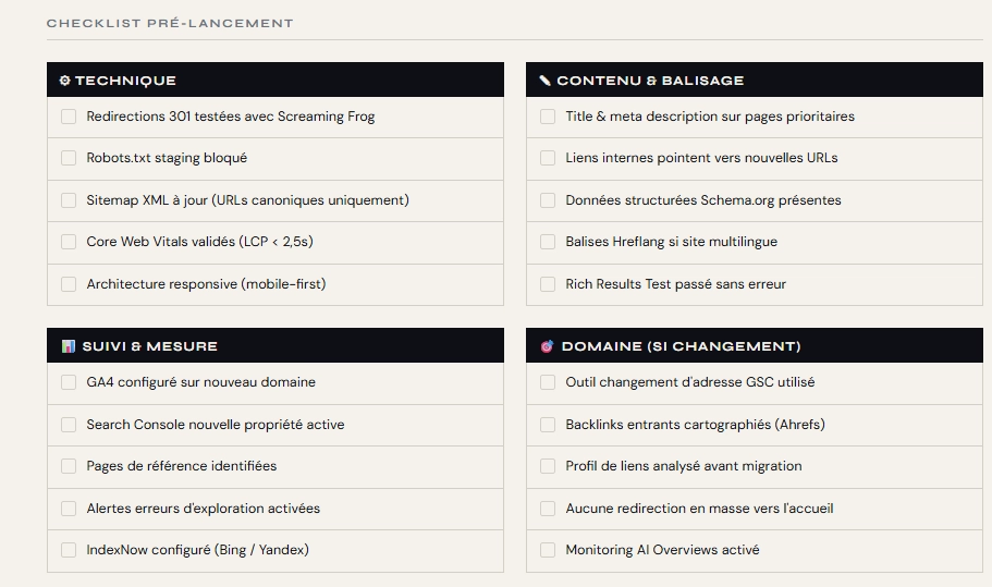 Checklist pré-lancement migration SEO — Trust SEO