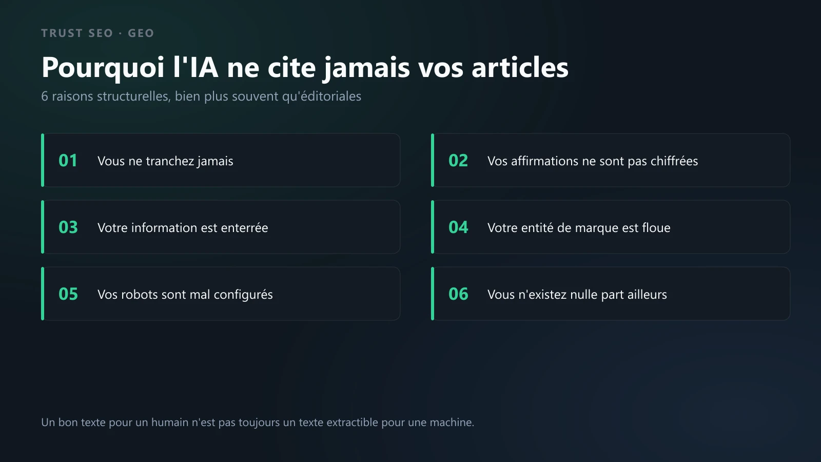 Infographie listant les 6 raisons structurelles pour lesquelles un contenu n'est jamais cité par une IA générative