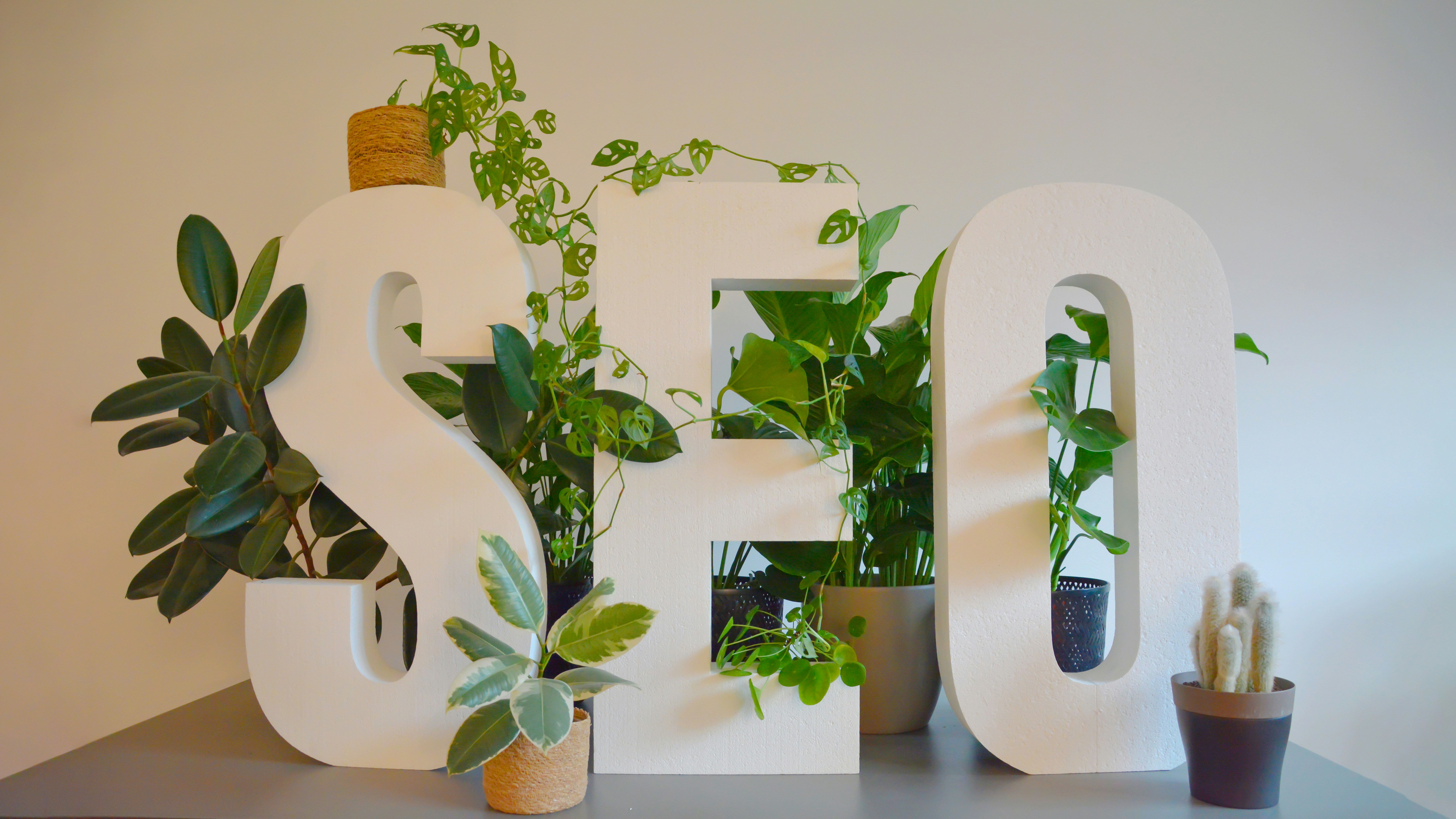 Lettres SEO entourées de plantes vertes, symbole d'une stratégie de référencement naturel