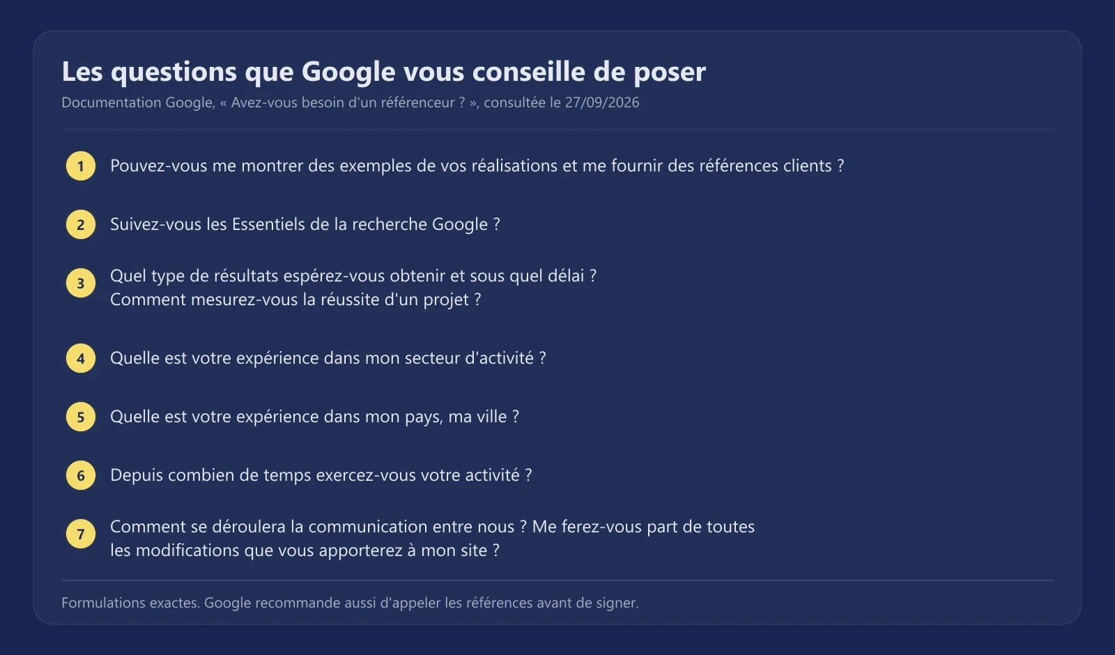 Les sept questions que Google conseille de poser à un référenceur avant de l'engager, avec leur formulation exacte