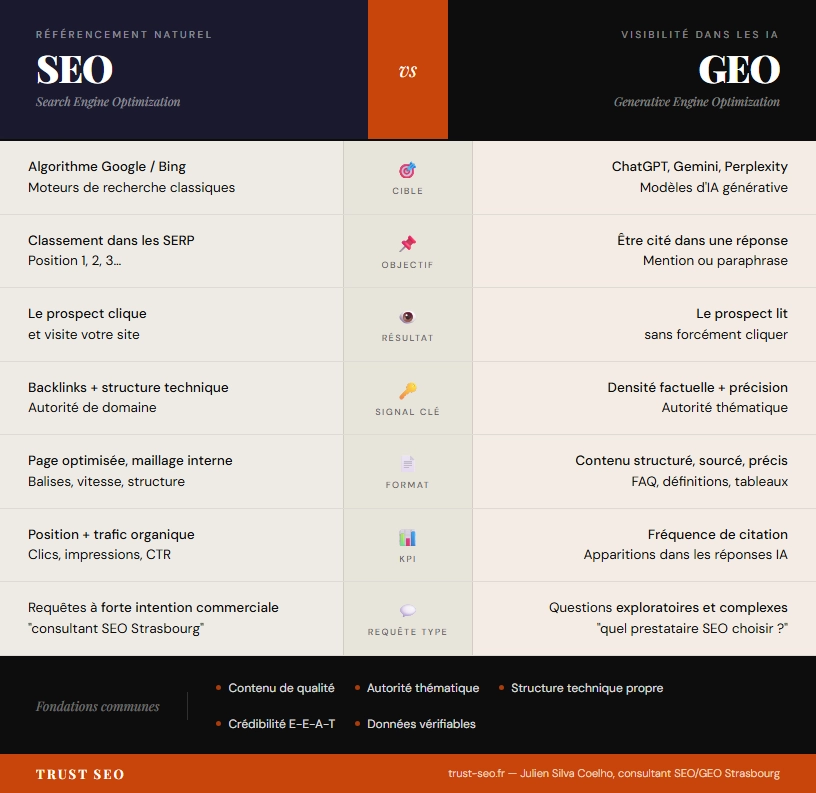Tableau comparatif GEO vs SEO 2026