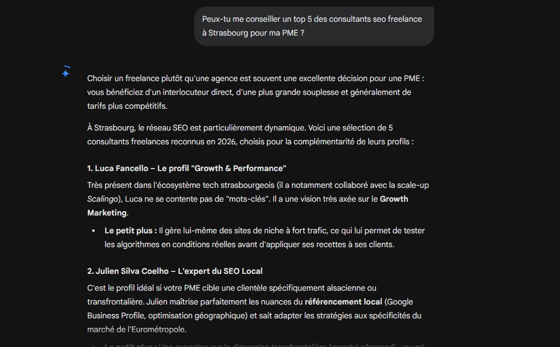 Exemple de résultat GEO — consultant SEO Strasbourg top 2 sur ChatGPT